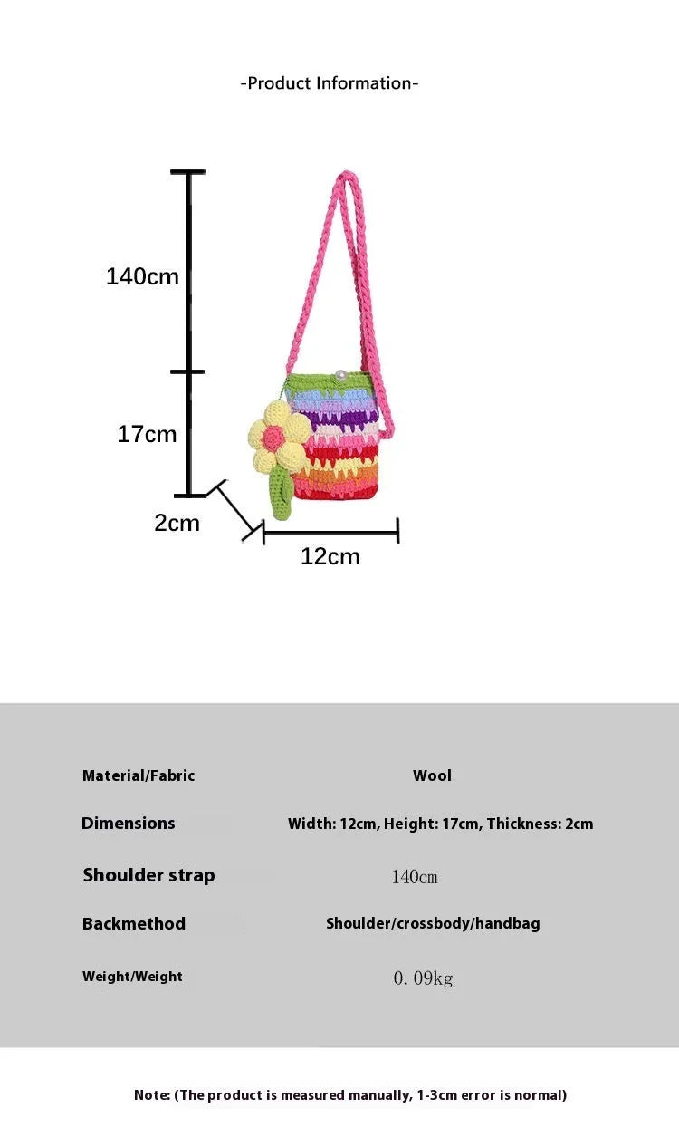 Colourful plush mobile phone shoulder bag with red and pink flower pendant decoration.
