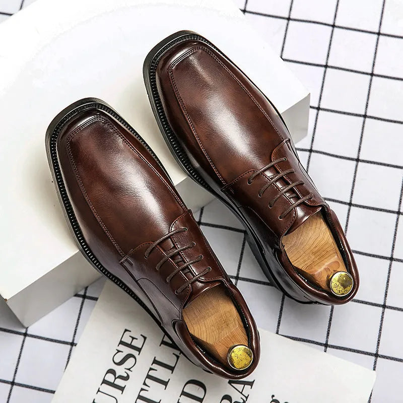 Men's black square toe low-top business casual shoes with artificial PU upper and rubber sole
