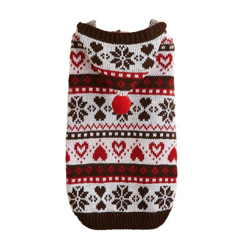 Knitted acrylic dog sweater with striped camouflage pattern in pink, blue, or grey for small breeds