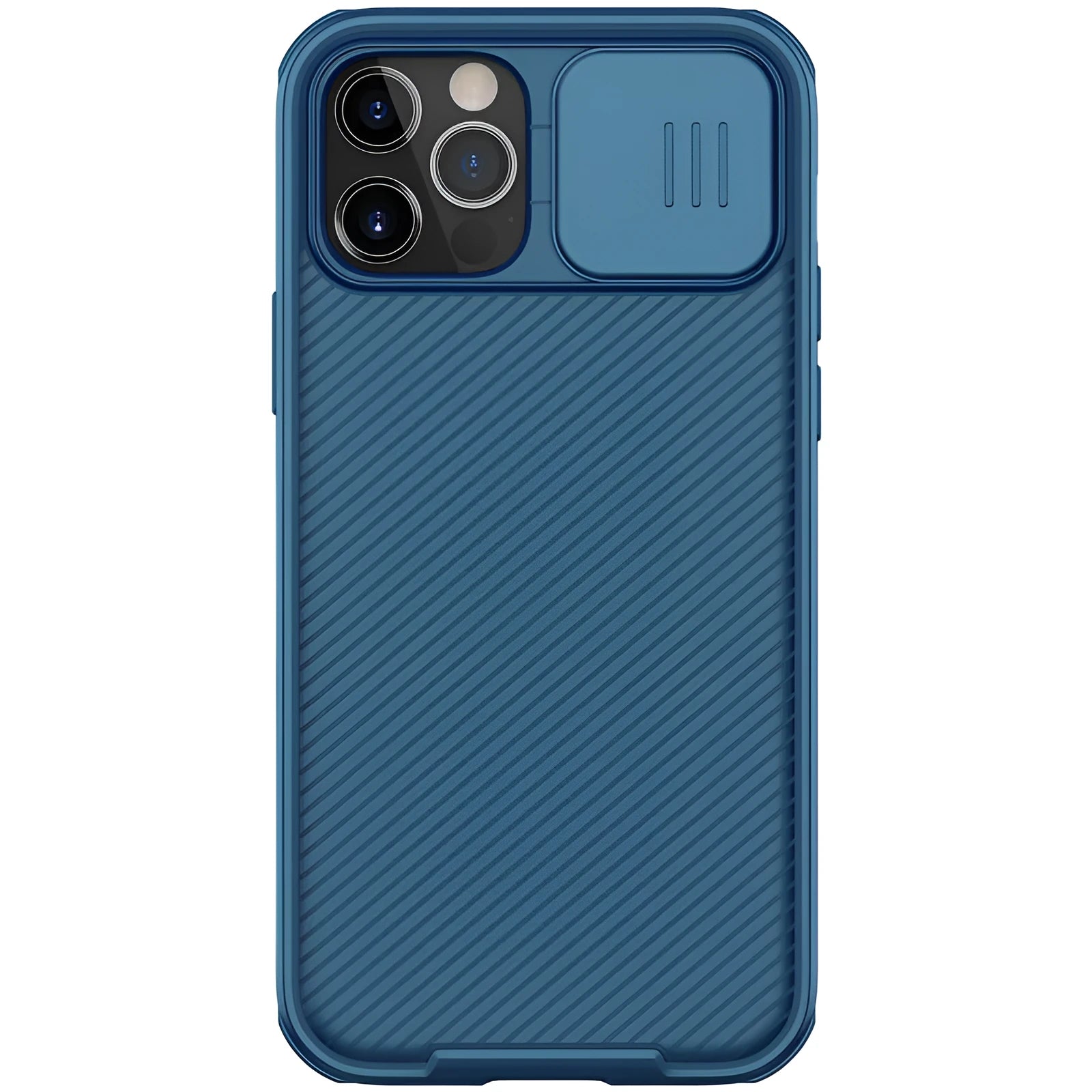 Nillkin Black Mirror Pro phone case for iPhone 12 with sliding camera lens cover in black, blue, and green colours.