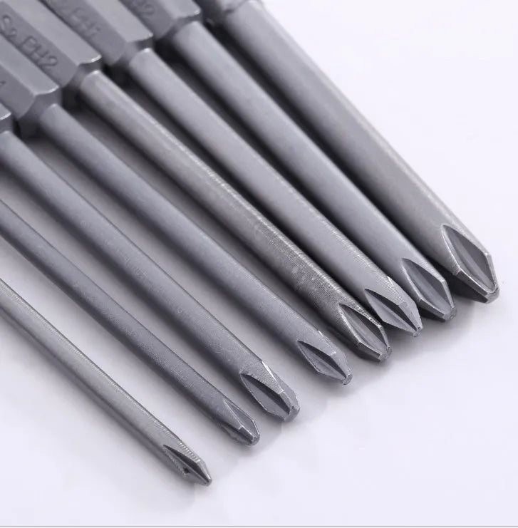 8-piece set of long magnetic cross head screwdriver bits in PH0, PH1 and PH2 sizes on a white background.