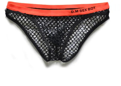 Men's low-waist mesh briefs personalised with letters, shown in black, dark grey, rose red, and fluorescent yellow.
