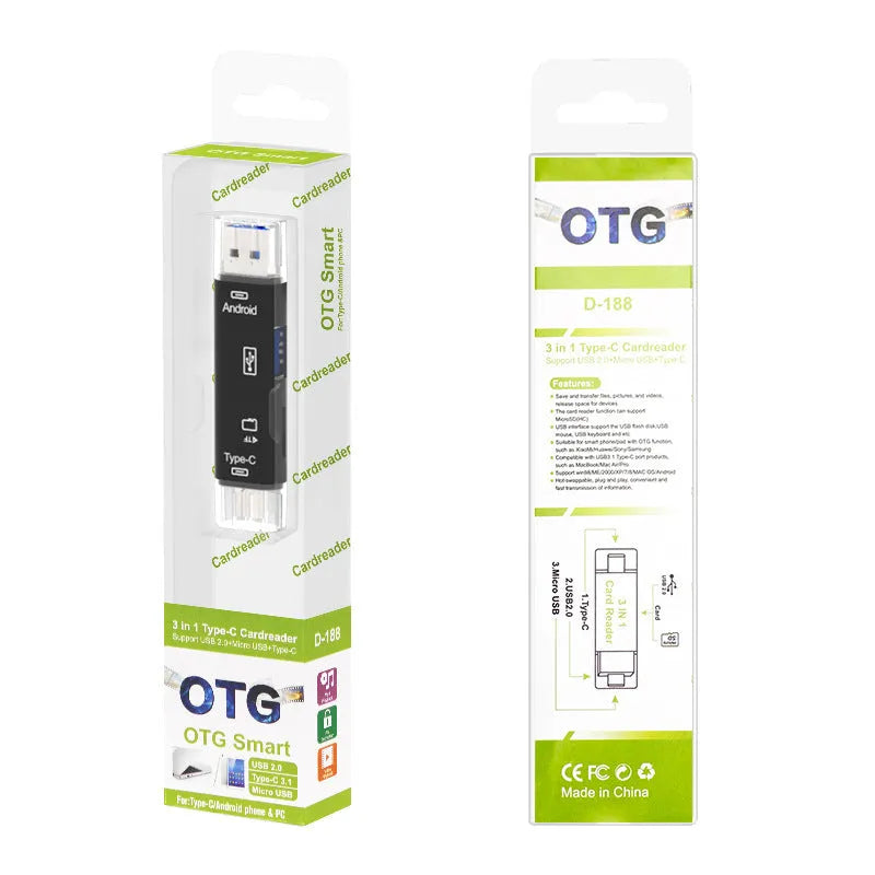 Black USB C OTG hub adapter with TF card slot and USB ports on white background