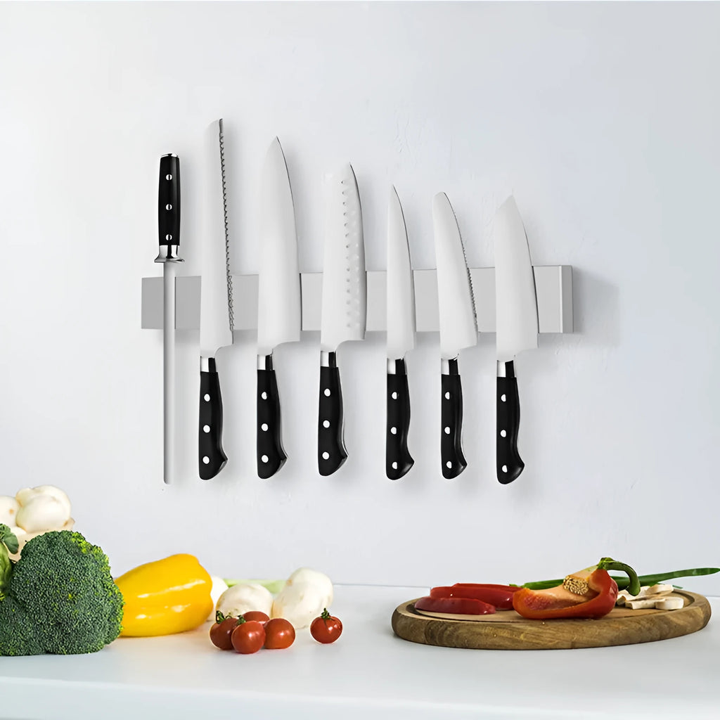 Stainless steel wall-mounted magnetic knife storage rack showing multiple size options