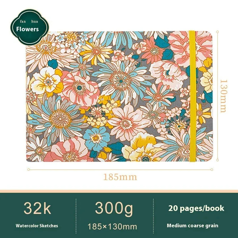 Feiluniao handmade fabric watercolour notebook with illustrated cover, open to show blank paper pages.