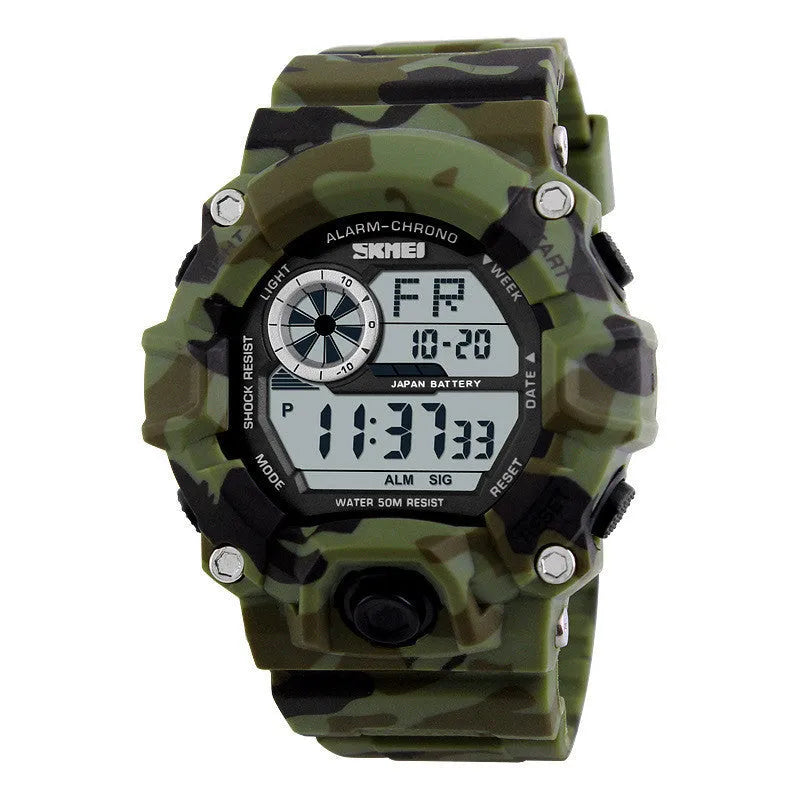 Multifunctional men's waterproof electronic sports watch with round dial on plastic strap.