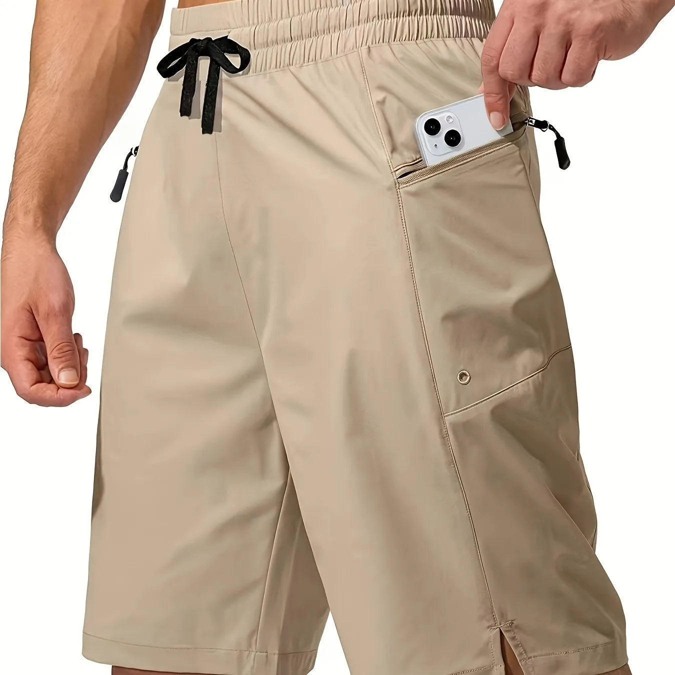 Men's solid colour quick-drying beach shorts in straight-leg polyester fabric
