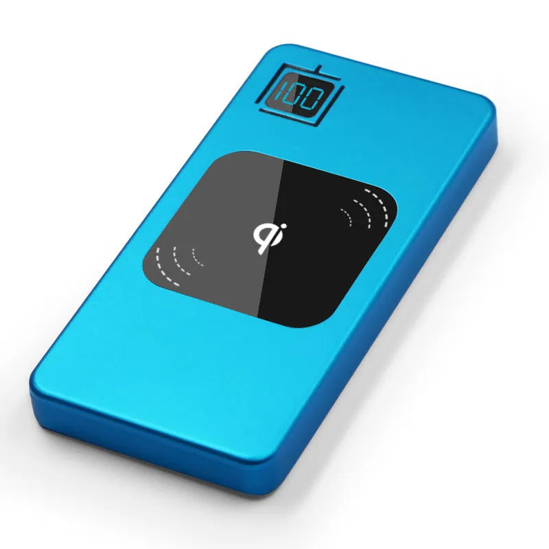 Silver alloy portable power bank with LCD display showing battery percentage.