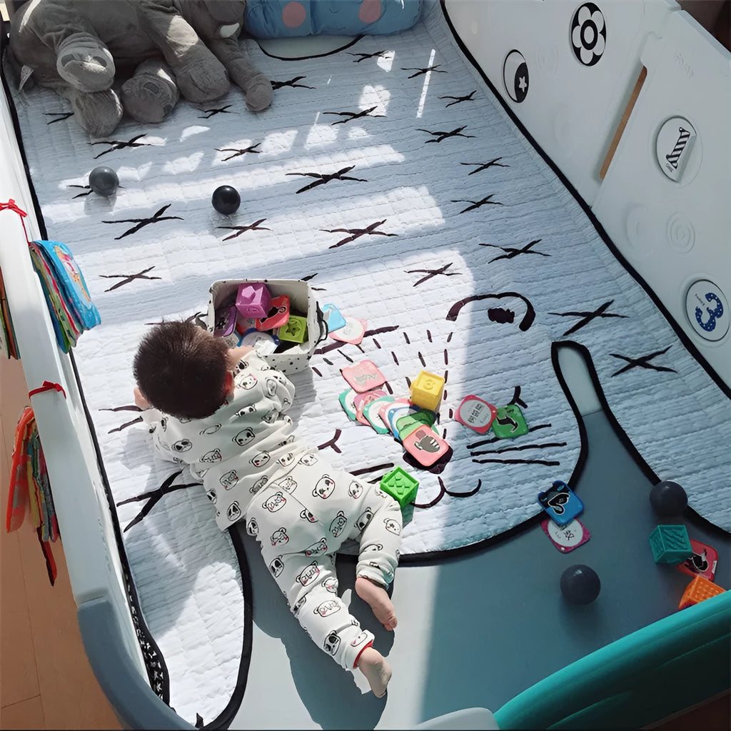 White tiger cotton baby play mat on floor with soft textile surface 130x190cm