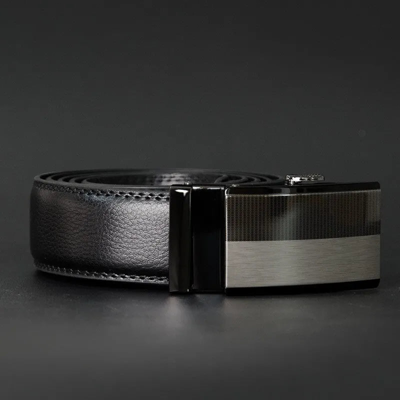Men's cowhide leather belt with automatic rectangular alloy buckle in black on white background