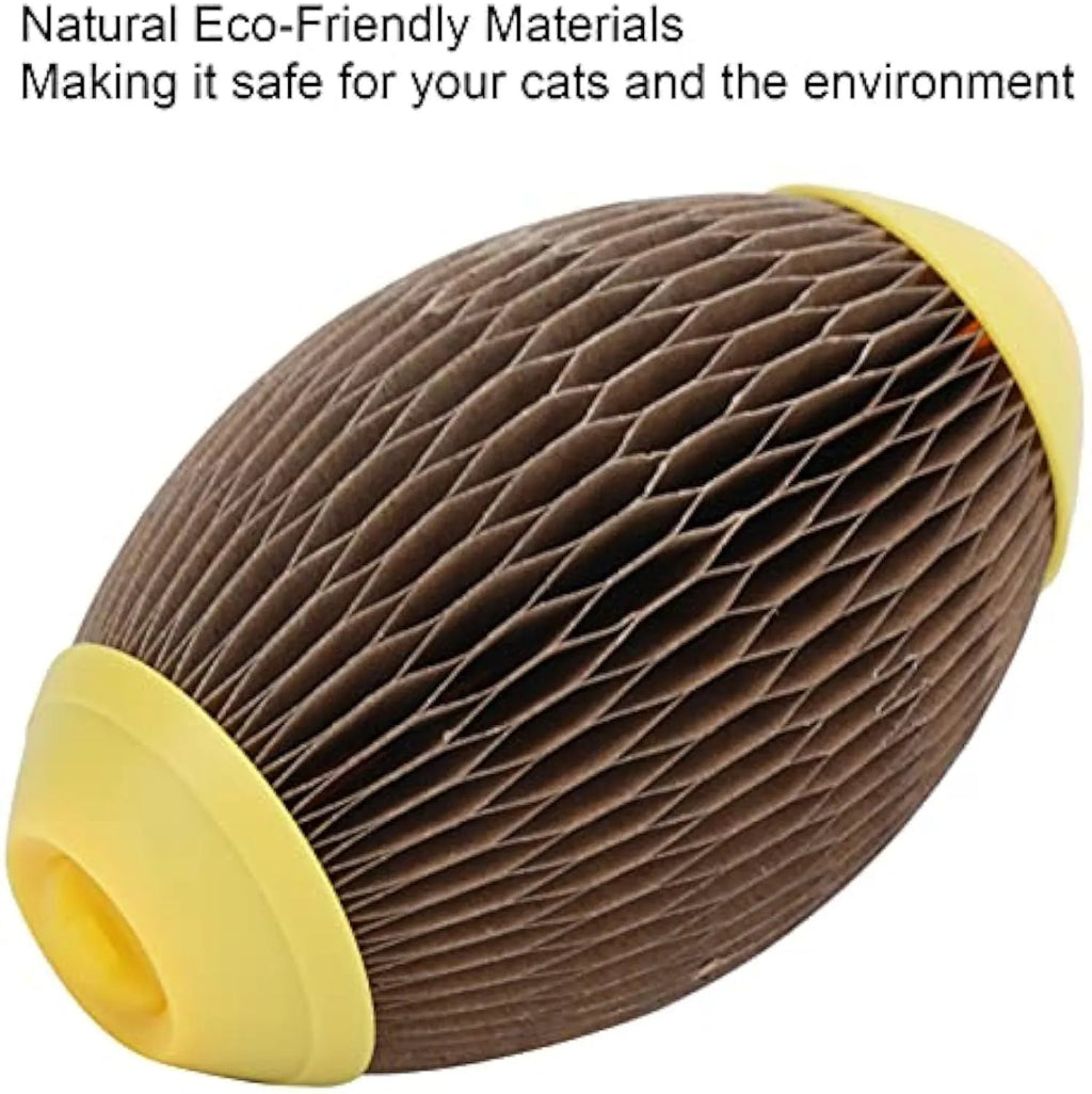 Elliptical corrugated paper catnip ball toy for scratching and play, measuring 65mm by 108mm