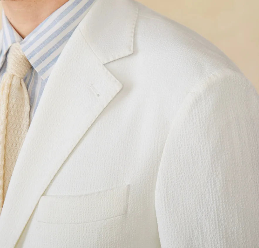 Seersucker single-breasted slim-fit suit blazer in navy blue with double rear slits for summer wear