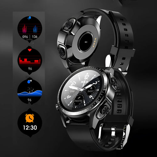 Black smart watch with blood pressure monitor on a silicone wrist strap, showing a 1.28-inch screen.
