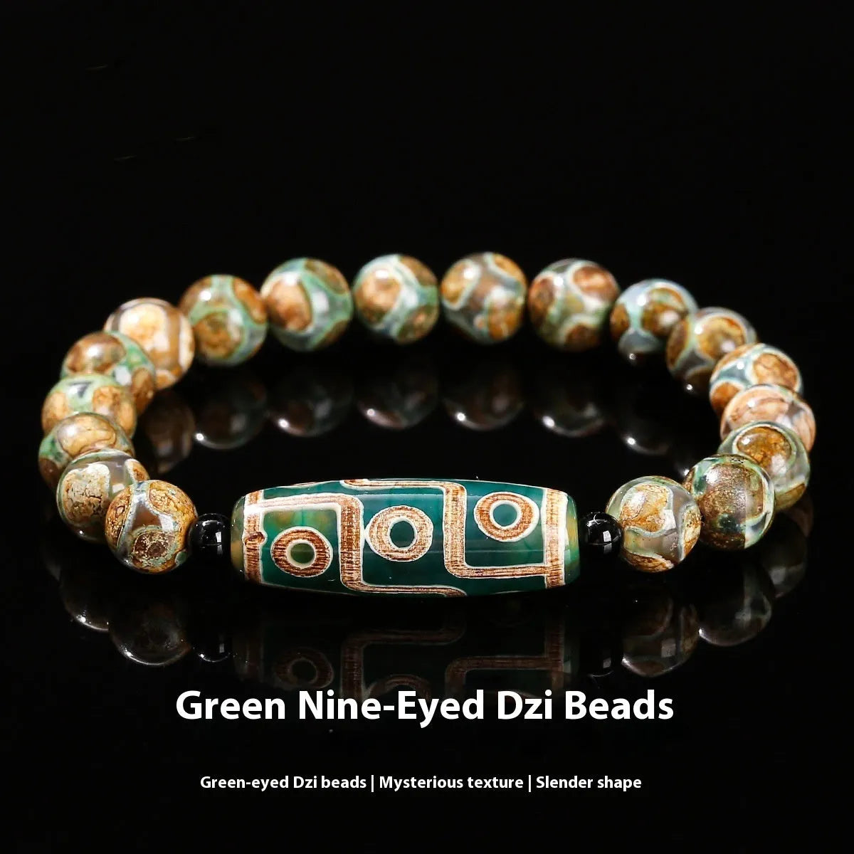 Handmade green dzi bead bracelet with barrel-shaped agate beads in unisex national style design