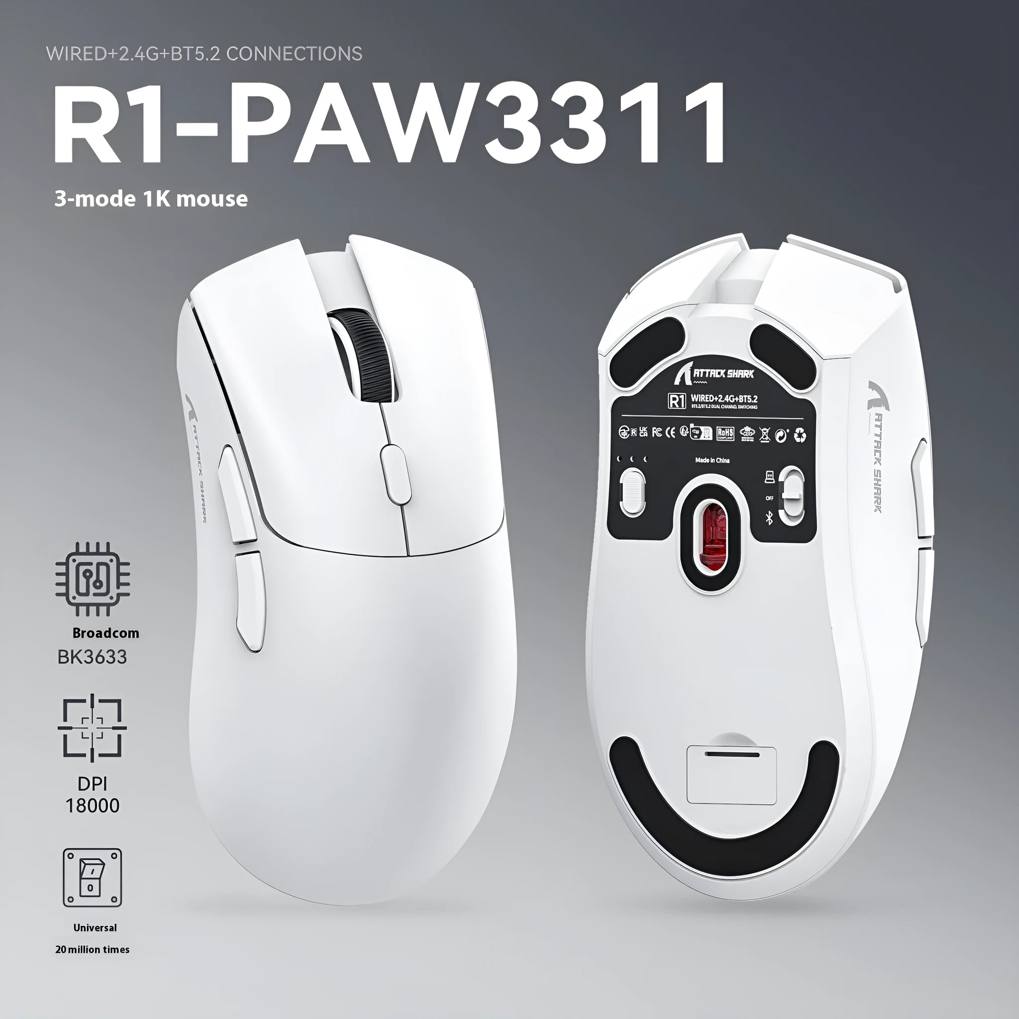 Attack Shark wireless Bluetooth mouse in black, red or white colours showing three-mode functionality