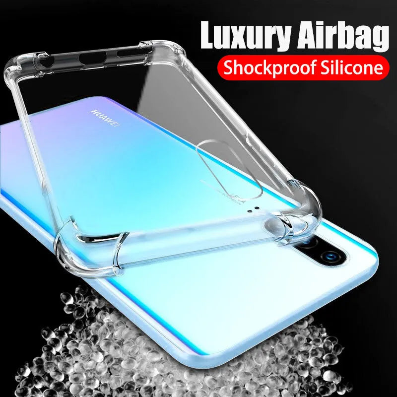 Transparent TPU phone case for Huawei smartphones showing airbag drop-resistant design