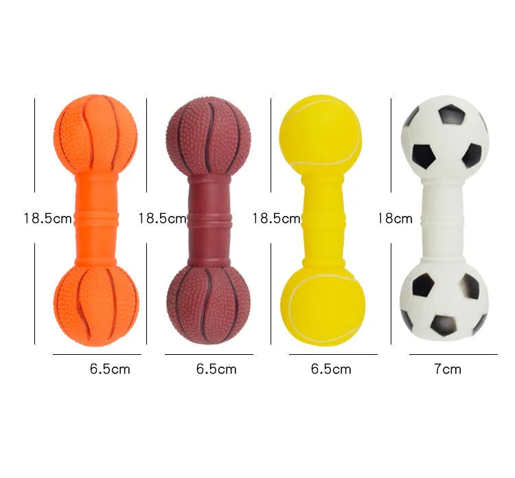 Colourful football and dumbbell shaped PVC squeaky dog chew toy