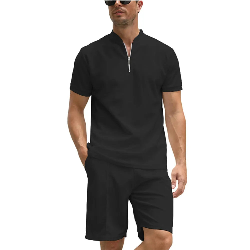 Men's solid colour polo shirt and trousers two-piece set in polyester fabric