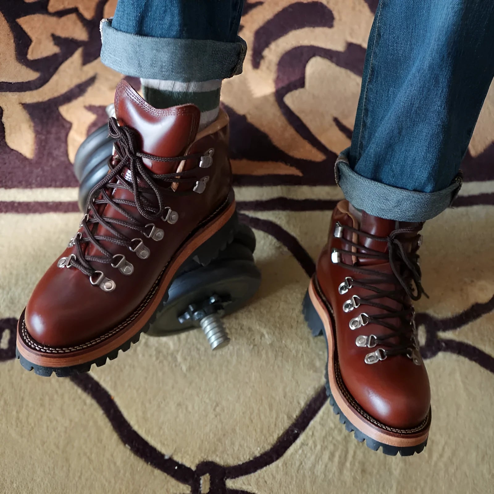 Men's brown leather lace-up city hiking boots with cowhide upper and worker boot style