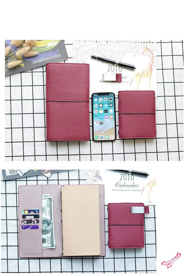 Genuine leather travel notebook card holder with pen holder, three refill cores, and kraft paper pages in five colour options