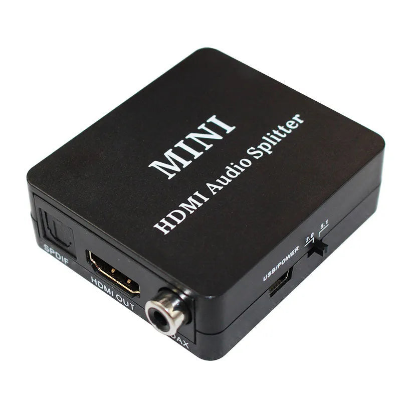 HDMI audio video splitter in black with HDMI input, HDMI output, SPDIF, and RCA ports
