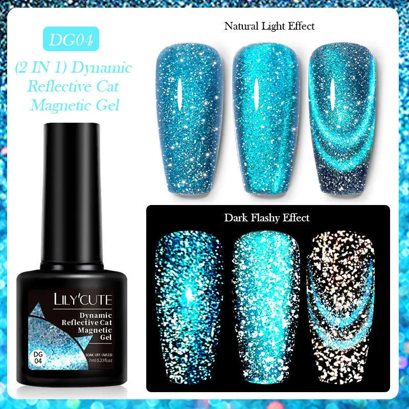 Cat eye nail polish gel with diamond glitter fragments in six colour style options including fluorescent UV brilliant variations