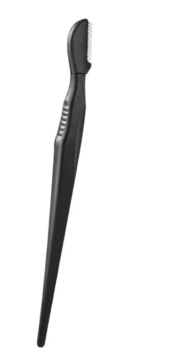 Black eyebrow trimmer set with stainless steel blade and compact 14x10x2cm size on a plain background.