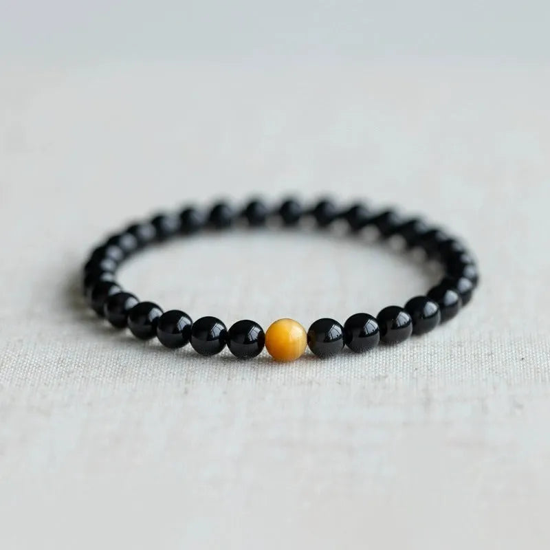 Black obsidian stone bracelet with geometric beads in Korean style design