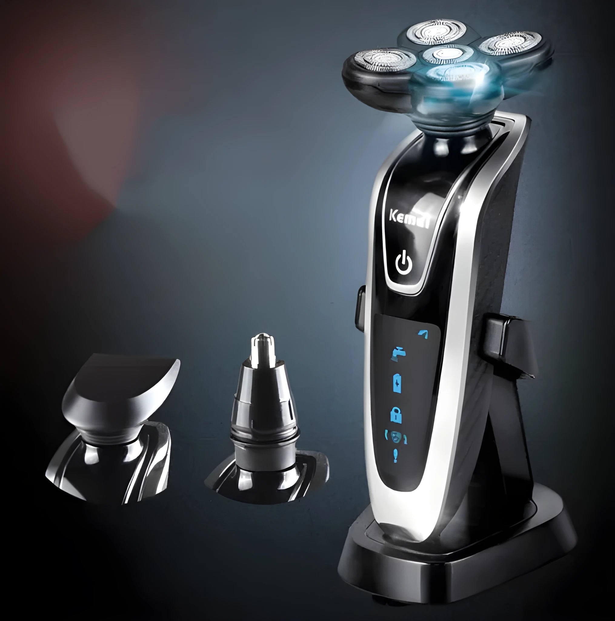 Smart rechargeable razor with ABS body, charging base, and interchangeable cutter heads in EU format