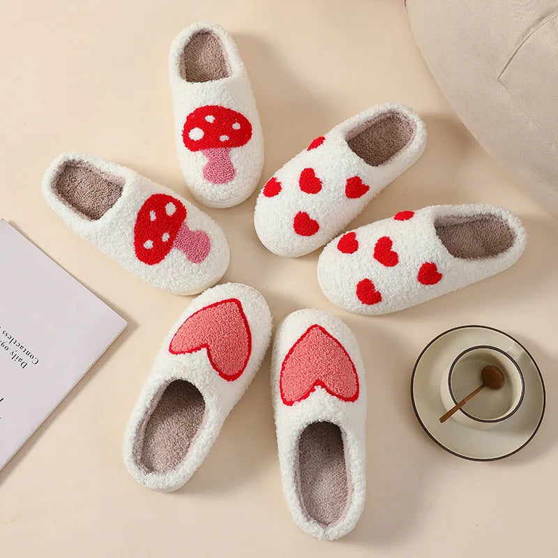Plush women's cartoon slipper with non-slip PVC sole in Big Love pattern.