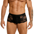 Men's black lace briefs with hollow out see-through design showing sheer nylon fabric