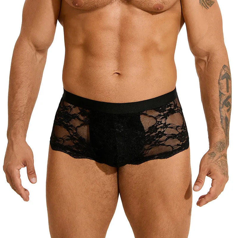Men's black lace briefs with hollow out see-through design showing sheer nylon fabric