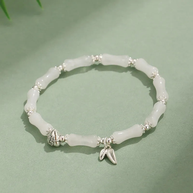 Green aventurine bamboo pattern bracelet with electroplated components and adjustable closure
