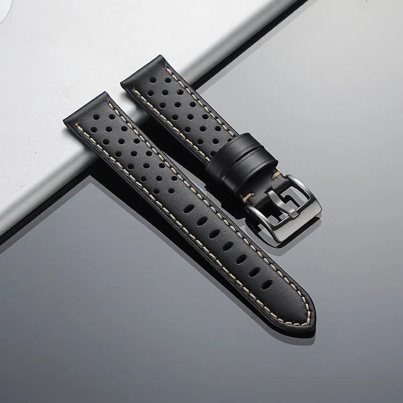 New business hollow-out first layer cowhide watch strap in six colour options on white background