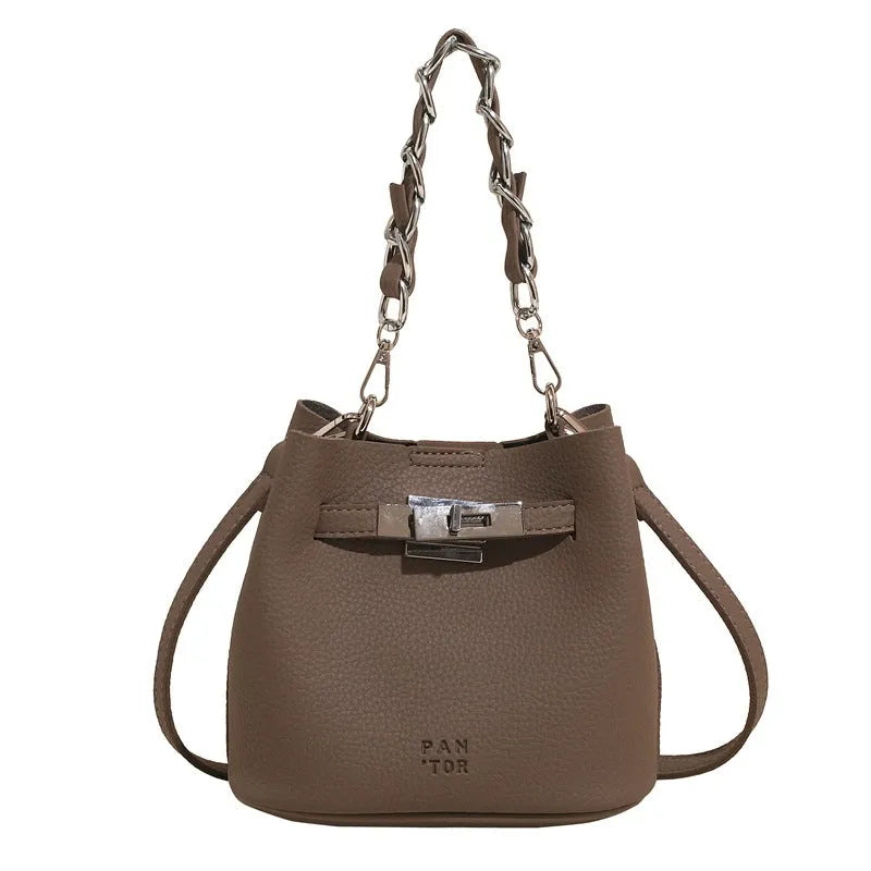 Women's black PU retro bucket shoulder bag with chain detail and multiple internal pockets