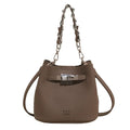 Women's black PU retro bucket shoulder bag with chain detail and multiple internal pockets