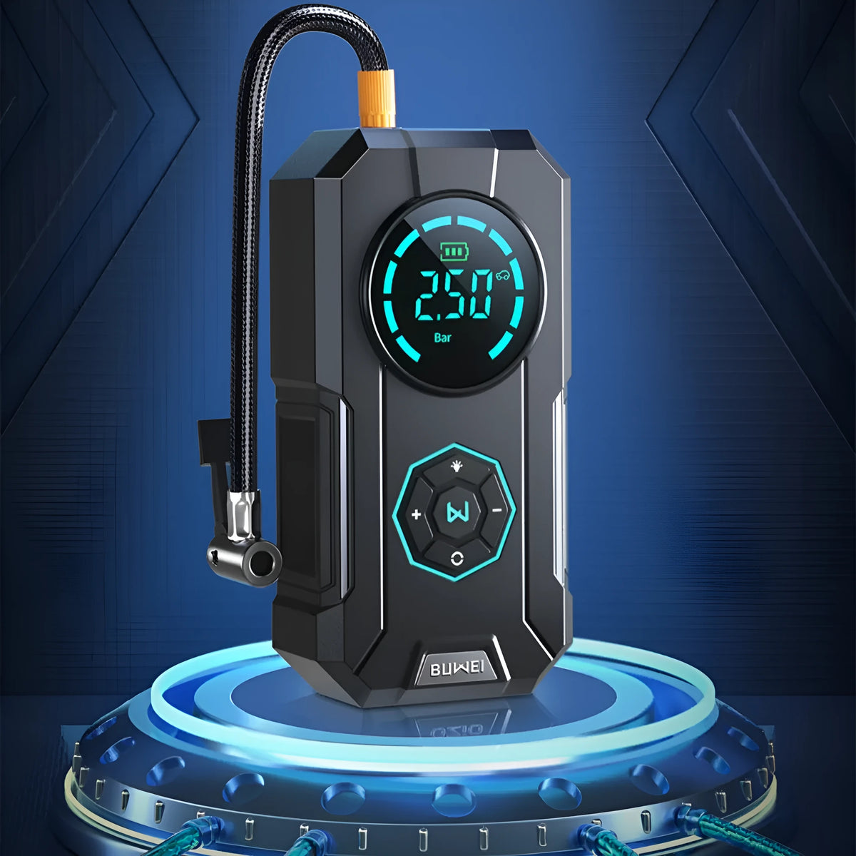 80W wireless portable car tyre inflator with USB charging and LED light, black ABS elastic paint body