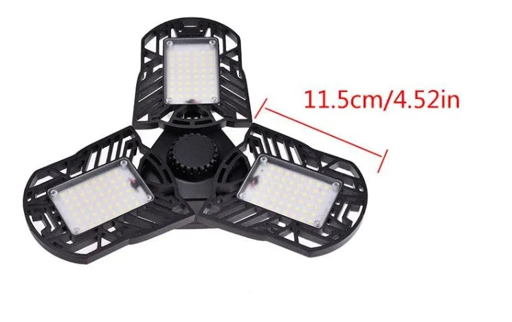 Silver 60W deformable LED garage light with adjustable heads, E27 base, and IP65 rating