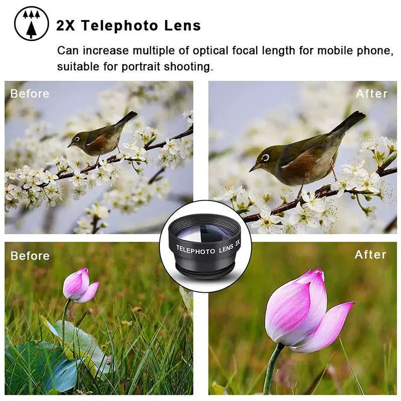 Ten-in-one external camera lens kit with fisheye, wide-angle, and macro lenses on smartphone