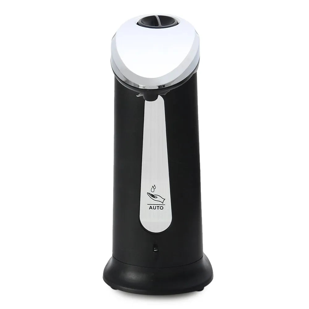 Black automatic touchless soap dispenser with infrared sensor, 400ml capacity, on a bathroom countertop