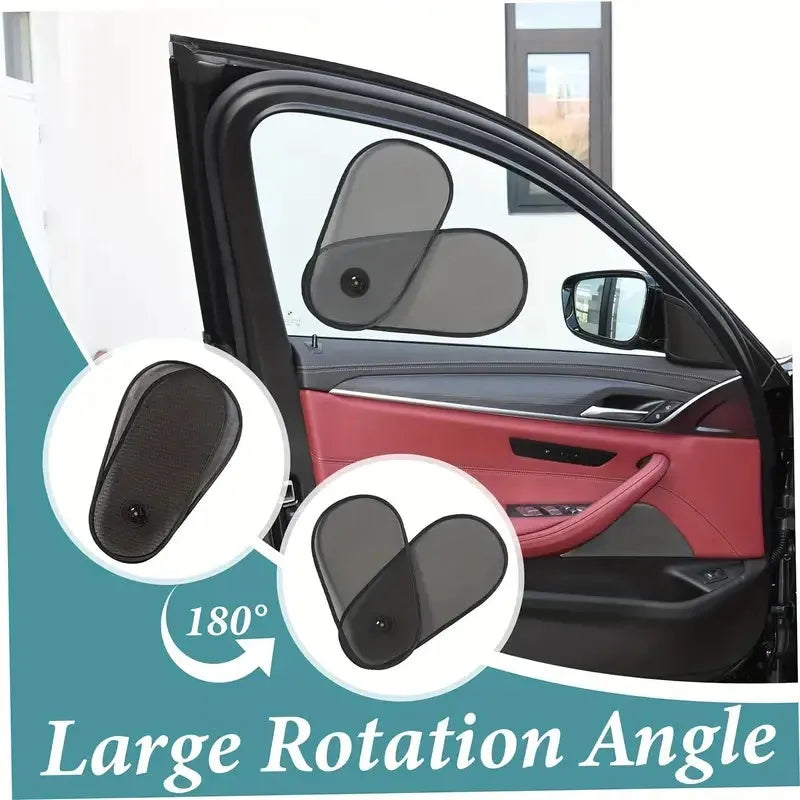 Black breathable car window shade with suction cups attached to a car side window for baby sun protection