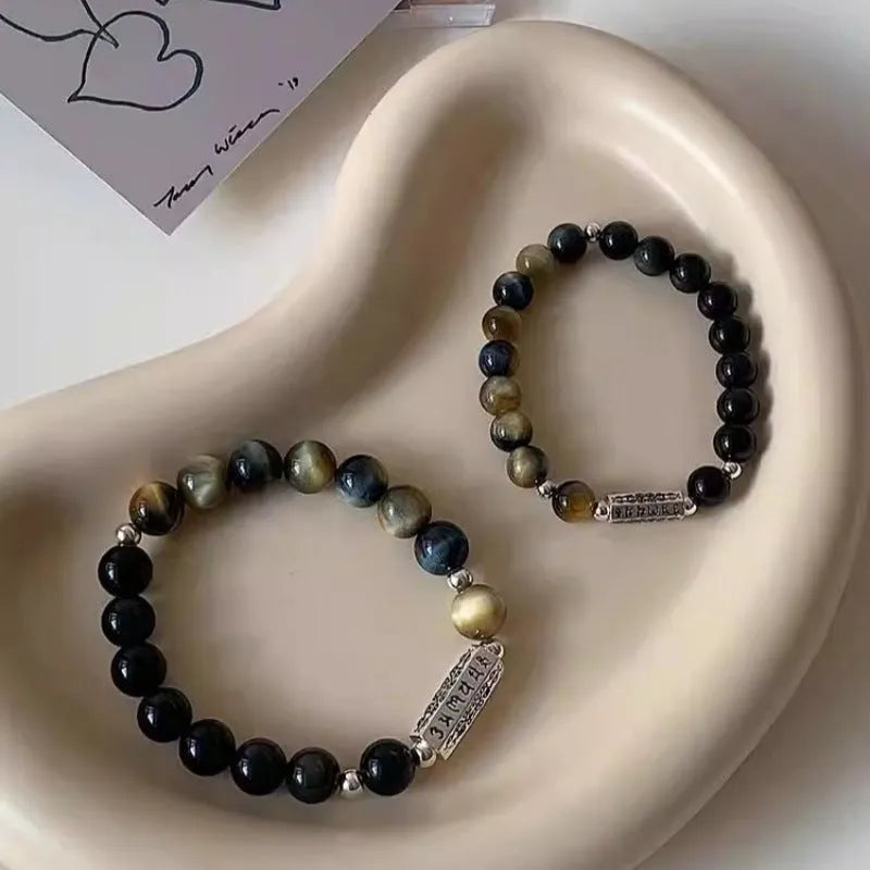 S925 sterling silver bracelet with Tigereye Obsidian beads and mantra engraving for men and women.