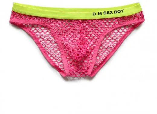 Men's low-waist mesh briefs personalised with letters, shown in black, dark grey, rose red, and fluorescent yellow.