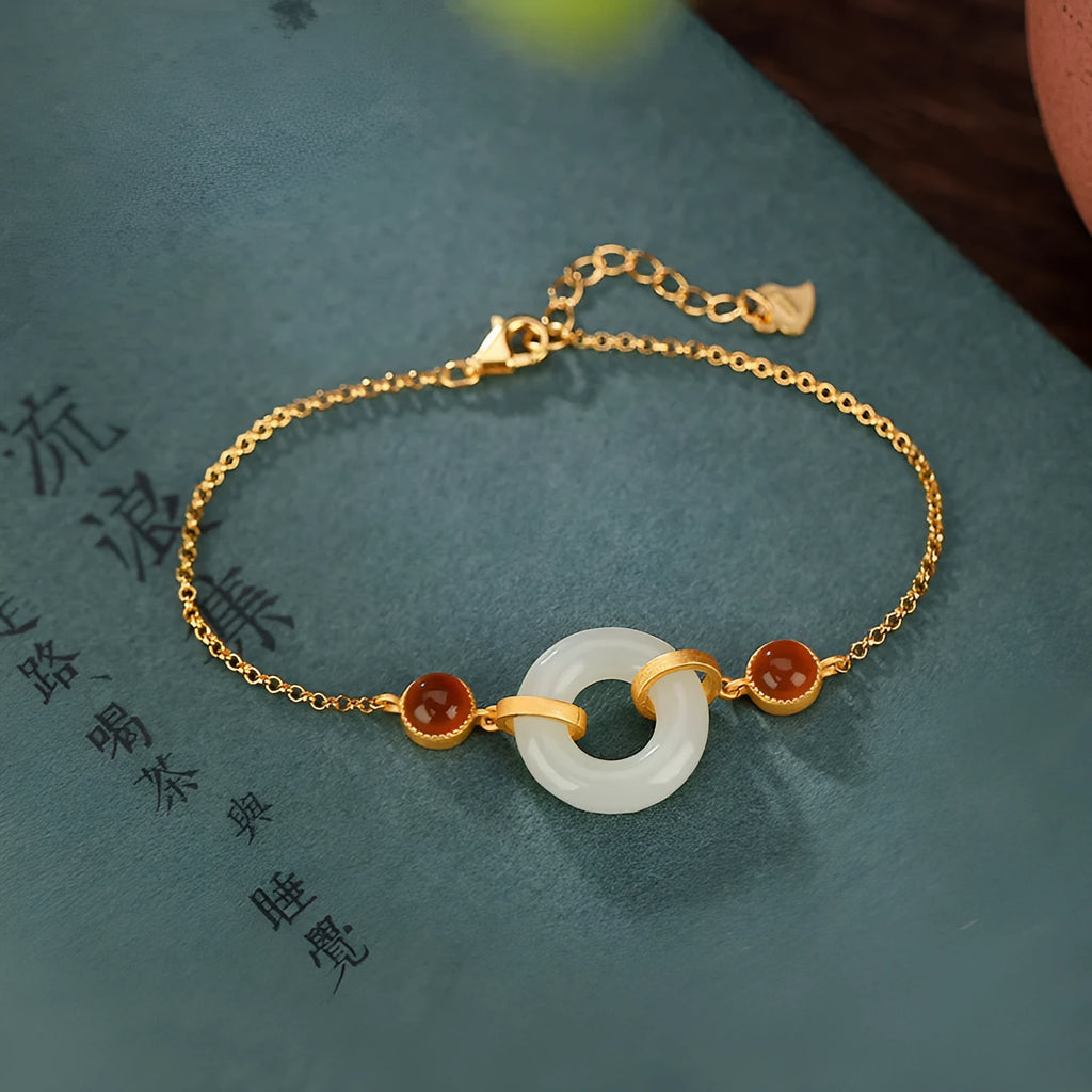 Sterling silver adjustable bracelet with Hetian jade peace buckle charm
