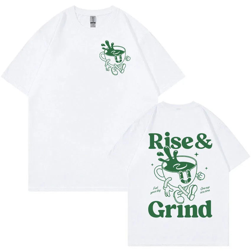 A loose-fit linen T-shirt with a Rise And Grind Green Coffee cartoon print, shown in one of ten available colours.