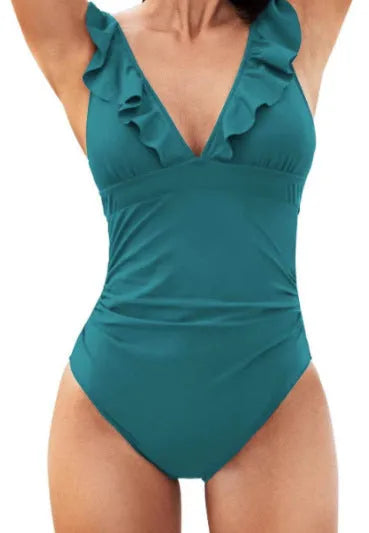 Women's apricot floral one-piece swimsuit with V-neck, flounce detail, and lace-up back.