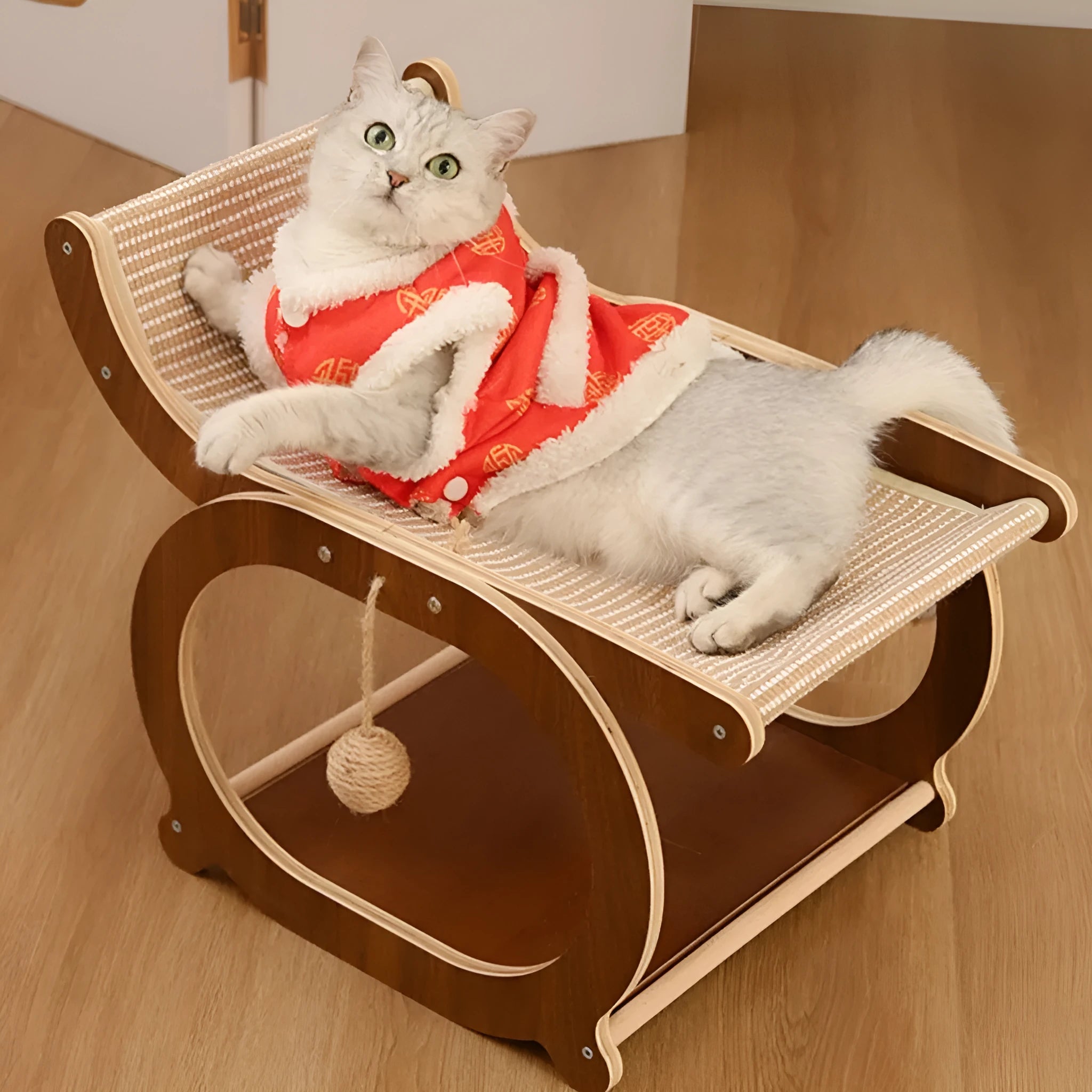 Solid wood cat scratcher mat with sisal scratching surface, shown in wood colour.