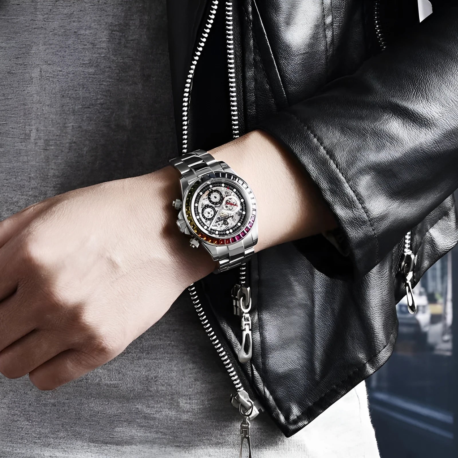Dial design transparent men's mechanical watch with 40mm diameter, sapphire crystal glass, and stainless steel buckle