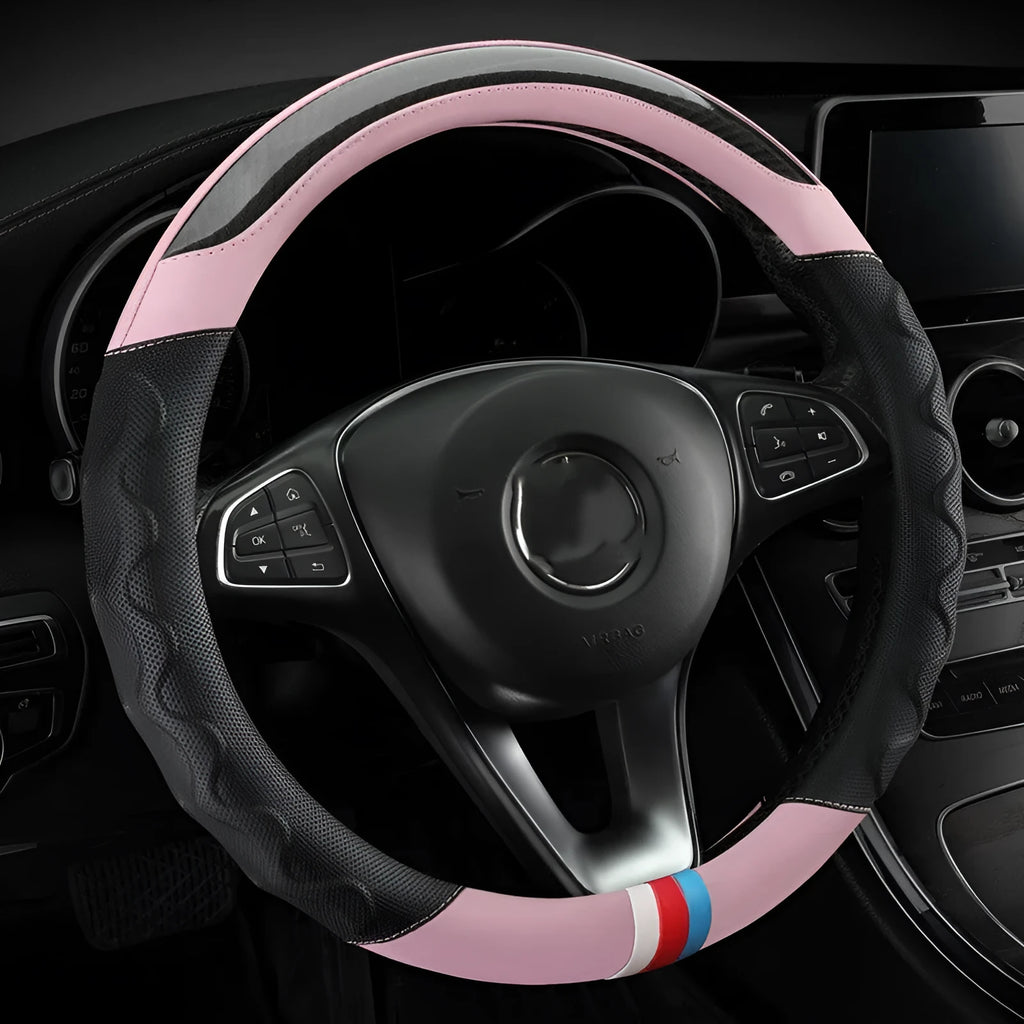Sports style steering wheel cover with stitching, shown in black and white colour on a round 38cm steering wheel.