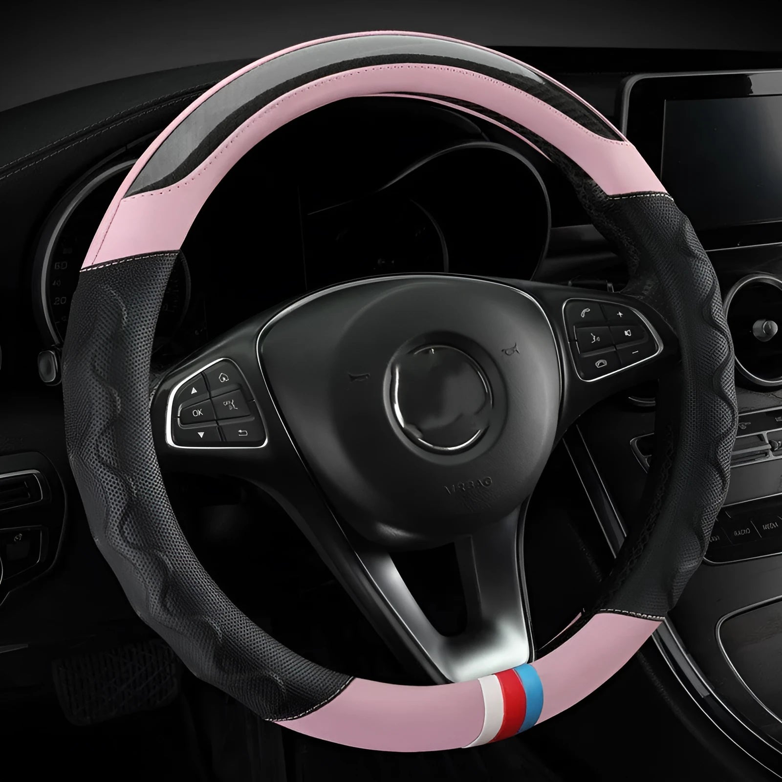 Sports style steering wheel cover with stitching, shown in black and white colour on a round 38cm steering wheel.
